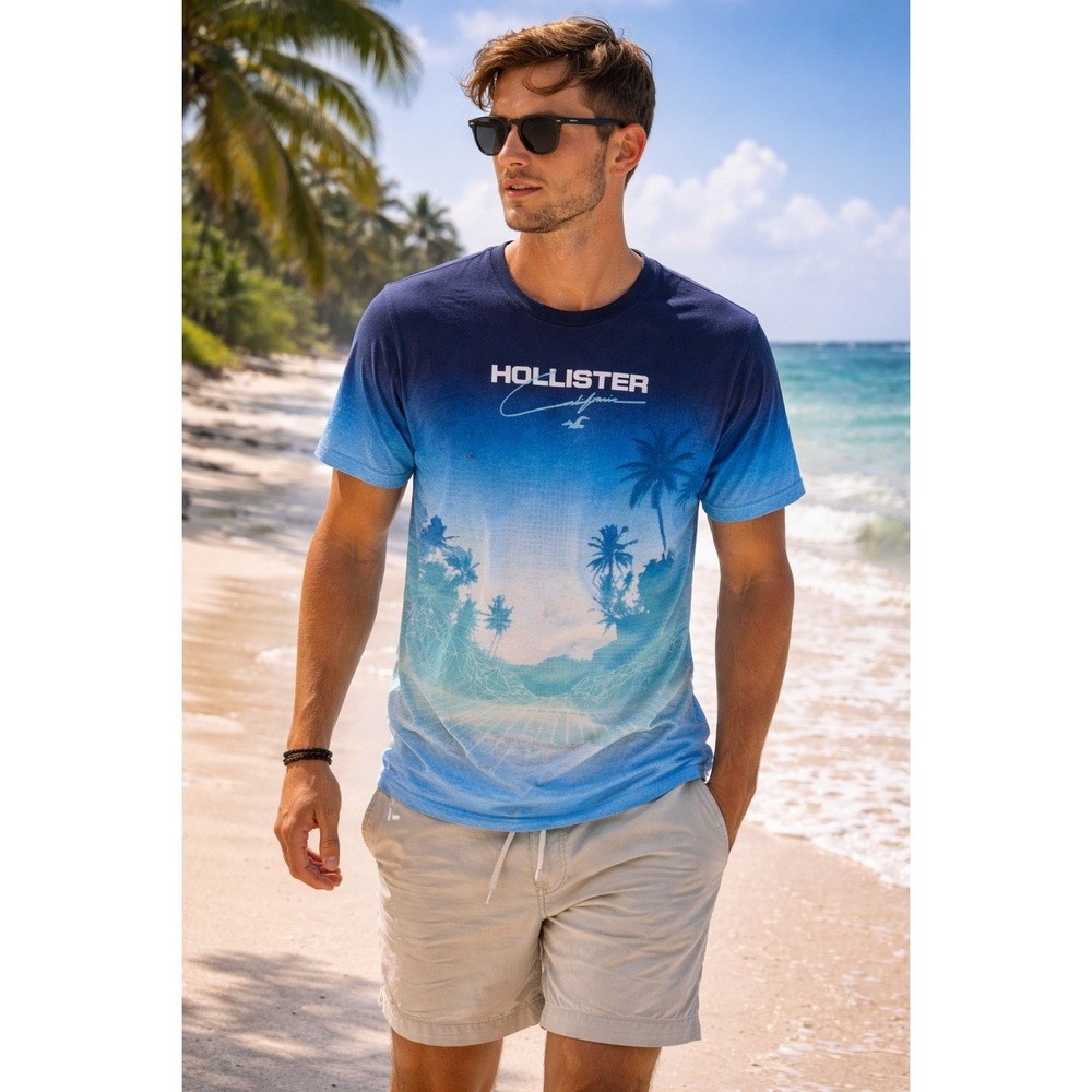 Hollister‎ Mens Blue Ombre Palm Tree Graphic T-Shirt Vaporwave Tropical Size M